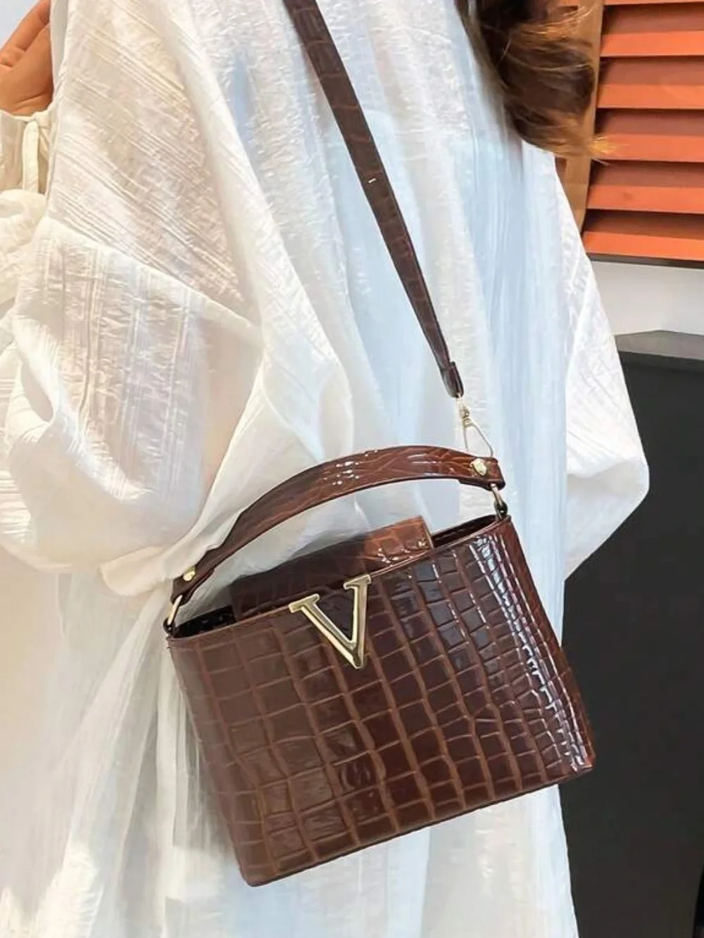 Croc-Embossed Brown Top-Handle Satchel with Gold V Accent